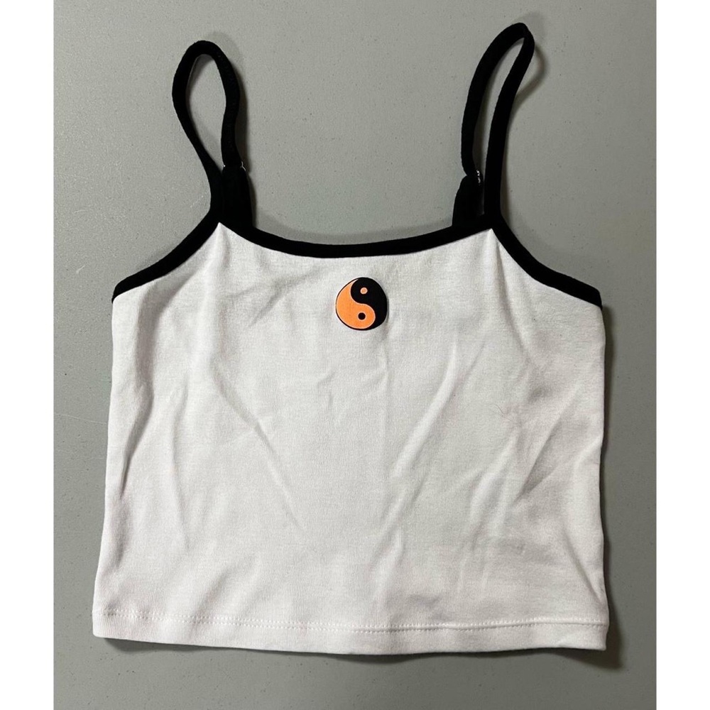 White Black Yin Yang Peace Sign Symbol Graphic Tank Crop Top Cami Camisole XS ☯️